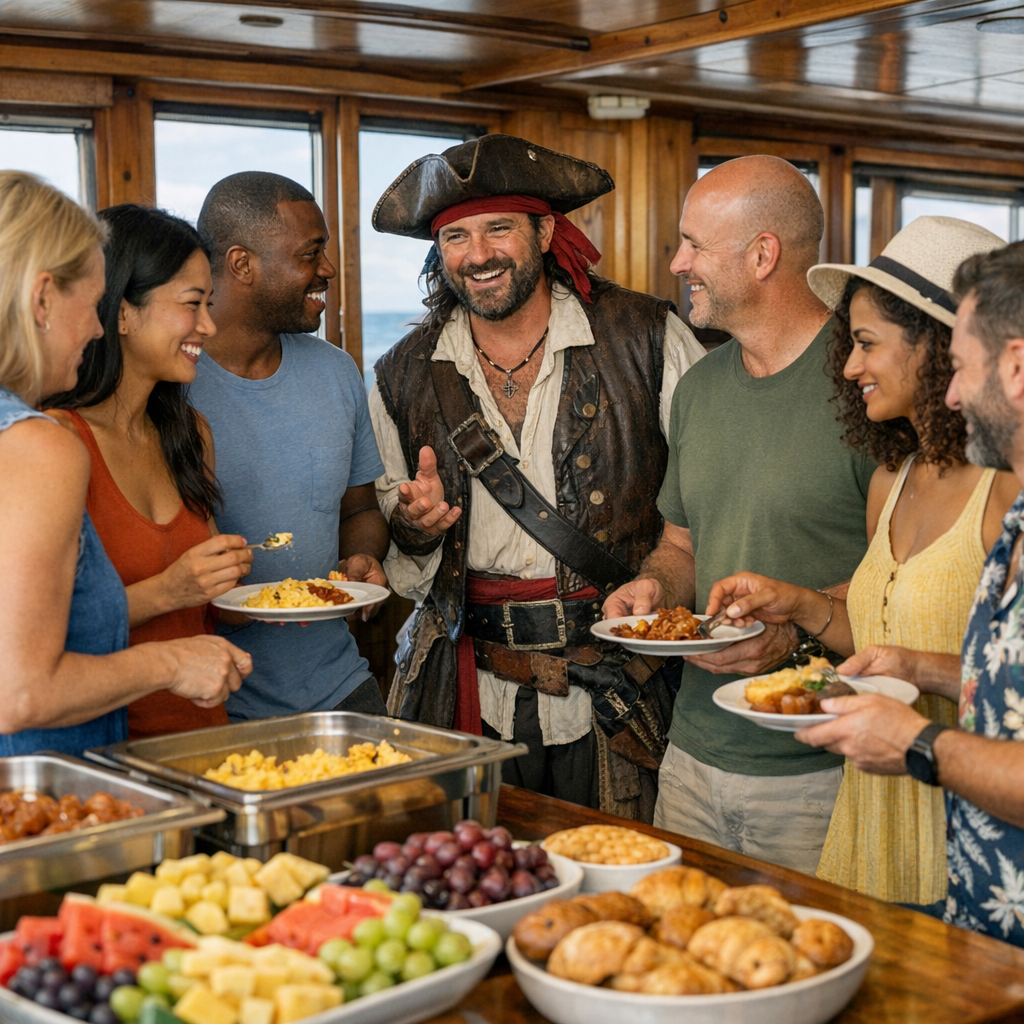 Guests enjoying food and pirate hospitality aboard Whale Tale