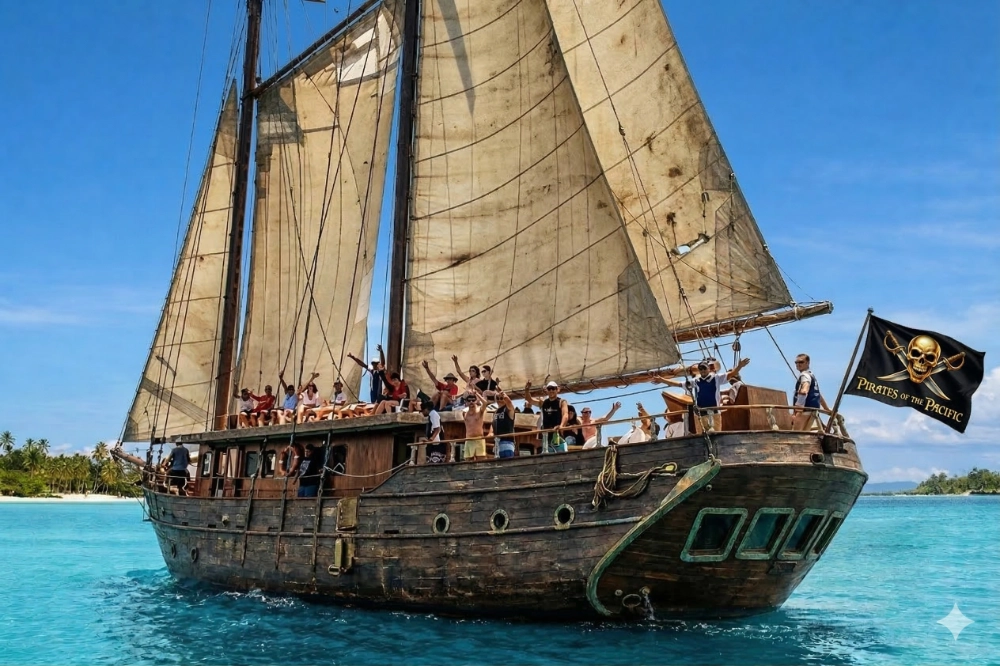 Pirates of the Pacific vessel sailing in clear Fiji waters