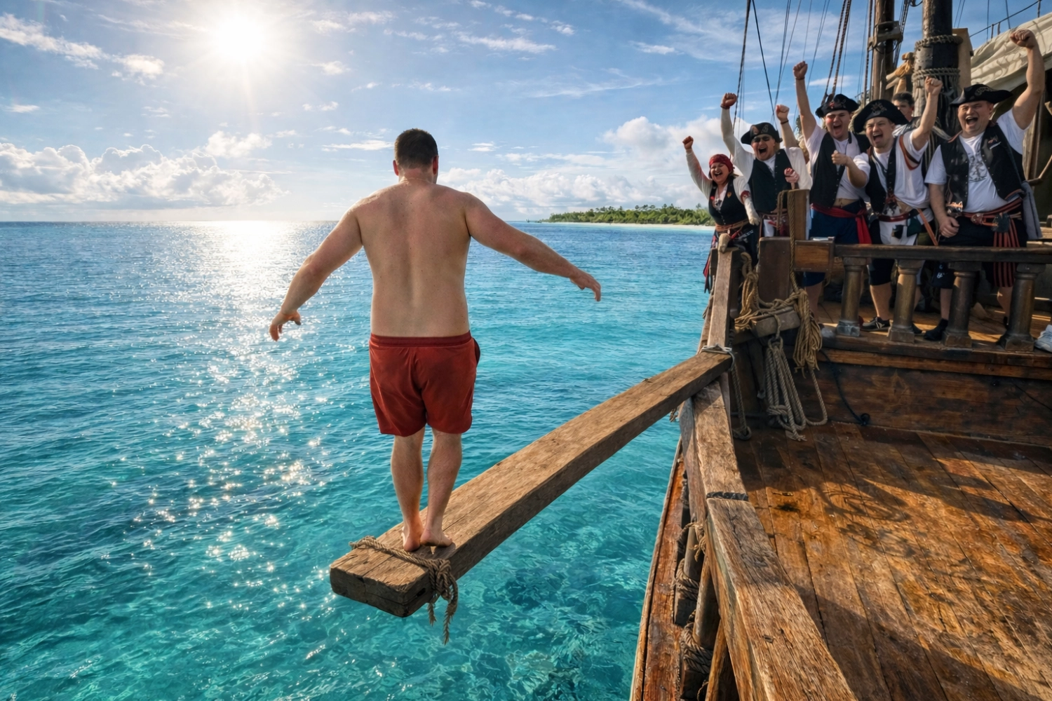 Guests taking part in the walk the plank pirate experience
